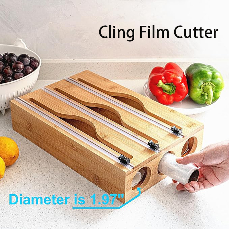 Woodworking Box - 3-in-1 Bambus-Frischhaltefolien-Schneidebox, wandmontierter Aufbewahrungsbeutel-Organizer, Haushaltsküchen-Verpackungsverteiler, Schneidebox