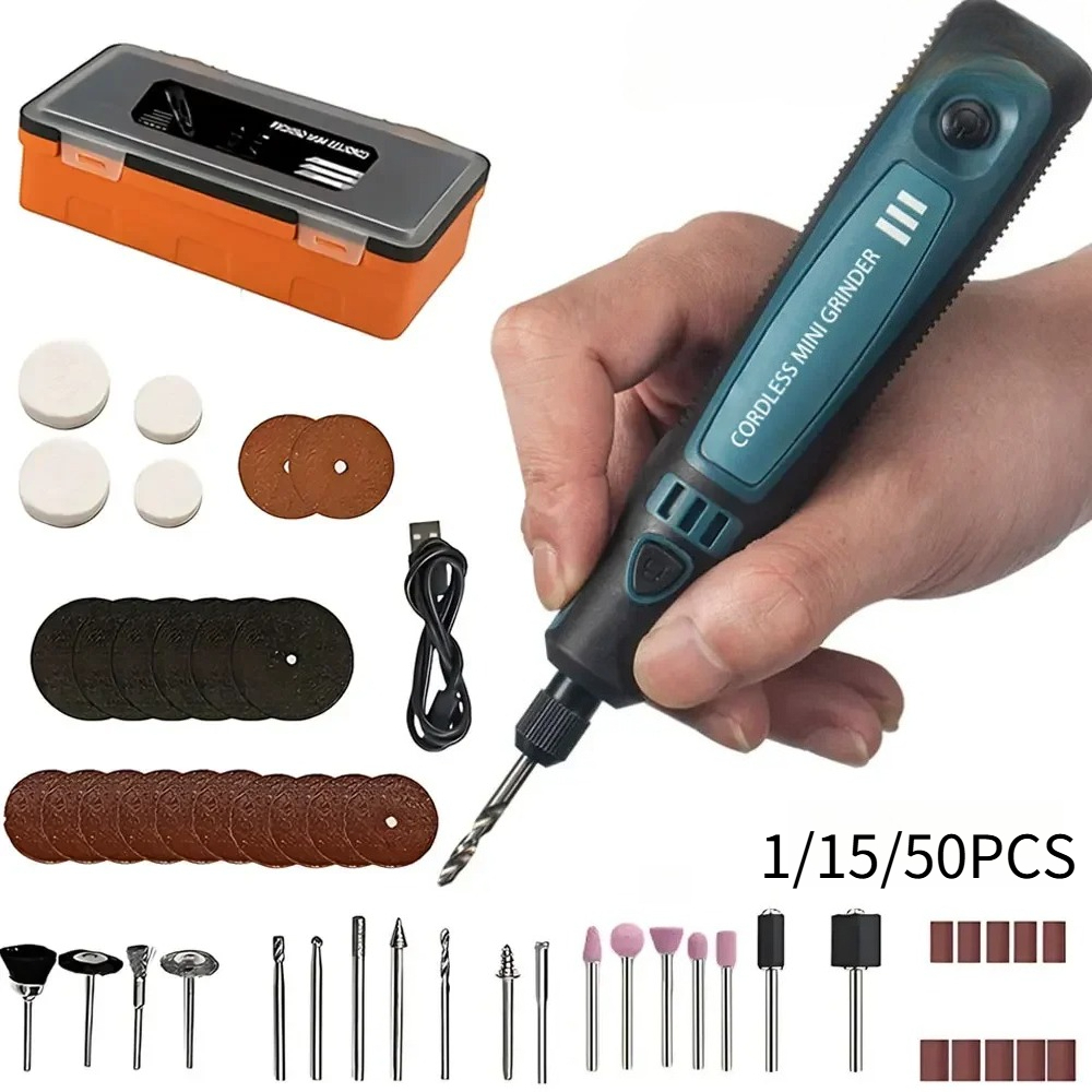 Woodworking Easy Projects - USB-Akku-Elektroschleifer, tragbares Gravurwerkzeug-Set, 1/15/50-teilig, für Jade-Polierarbeiten,